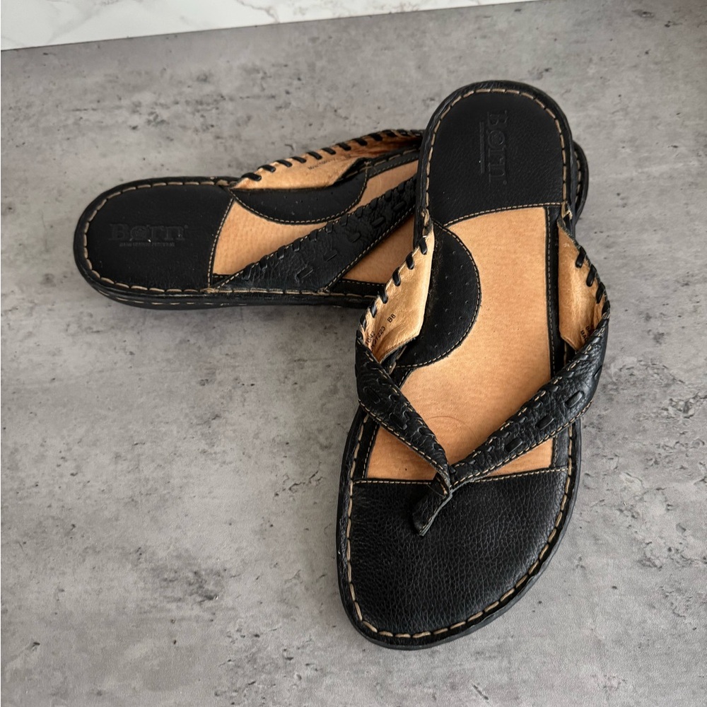 Born Black and Tan Leather Sandals